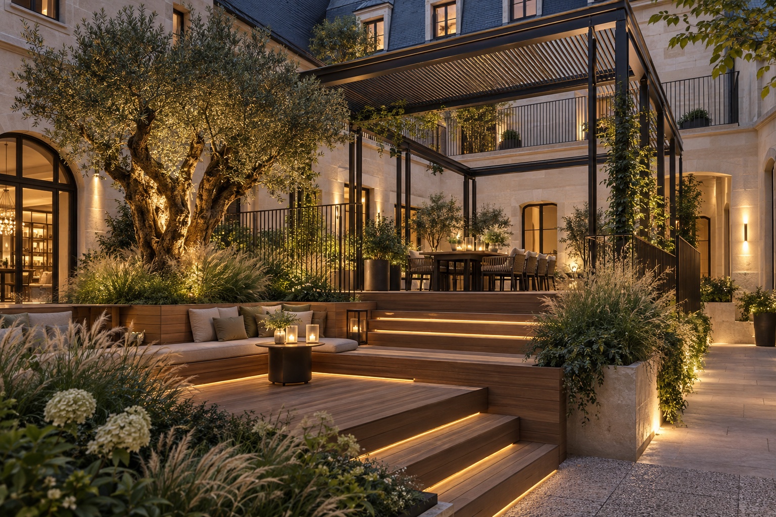 Entwurfsvision Boutiquehotel: begrünter Innenhof mit Holzterrasse und filigraner Stahlpergola